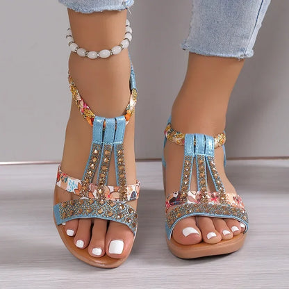 Women’s Bohemian Wedge Sandals - Rhinestone Platform Peep Toe Summer Beach Shoes Casual Outdoor Footwear
