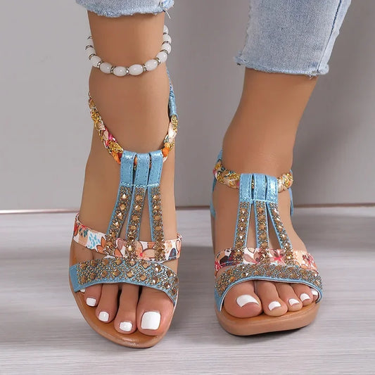 Women’s Bohemian Wedge Sandals - Rhinestone Platform Peep Toe Summer Beach Shoes Casual Outdoor Footwear