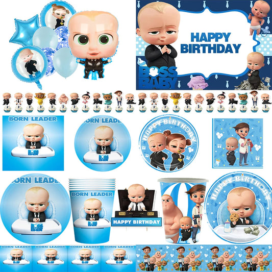 Cartoon Boss Baby Birthday Party Set - Disposable Tableware, Backdrop & Balloons for Kids Baby Shower Decor