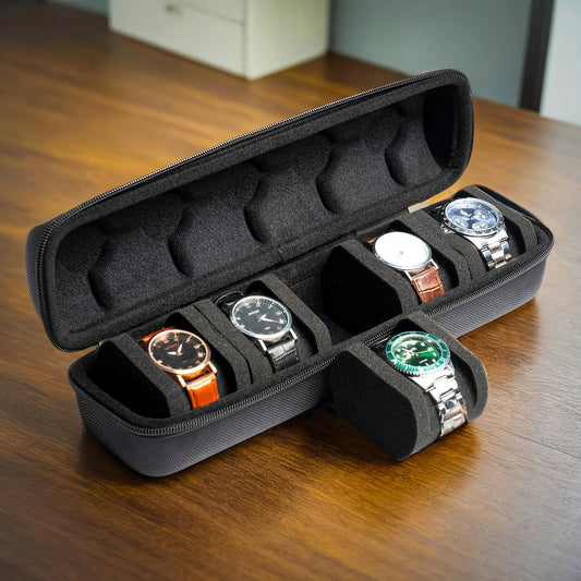 5-Slot Watch Case Travel Organizer — Hard Shell with Pillow Insert, Smartwatch Storage & Gift-Ready (Black)