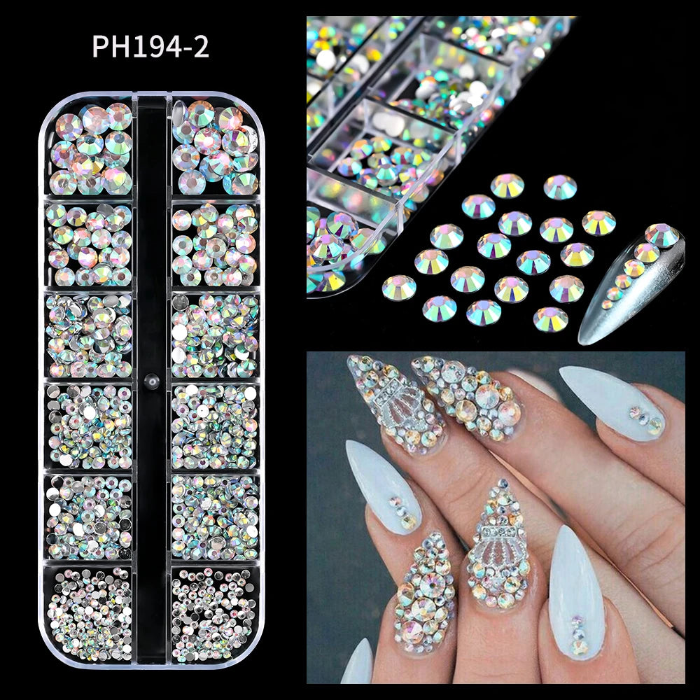 12-Grid Mixed Nail Rhinestones SS6-SS30 – Shiny Flat-Back Gems in Clear, Gold, Pink & Blue for Nail Art Decoration