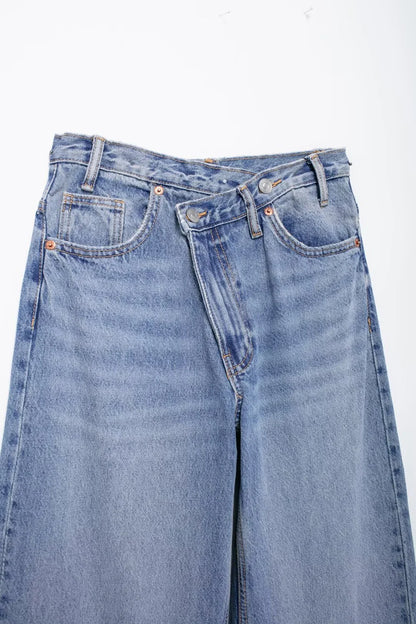 TRAF Women’s Basic Hundred Jeans — High Waist Asymmetric Wide-Leg Trousers, Casual Straight-Leg Fashion Jeans