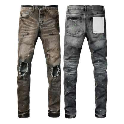 2025 Men’s High Street Ripped Skinny Jeans — Low Rise Blue Distressed Denim Fashion Repair Trousers 9003