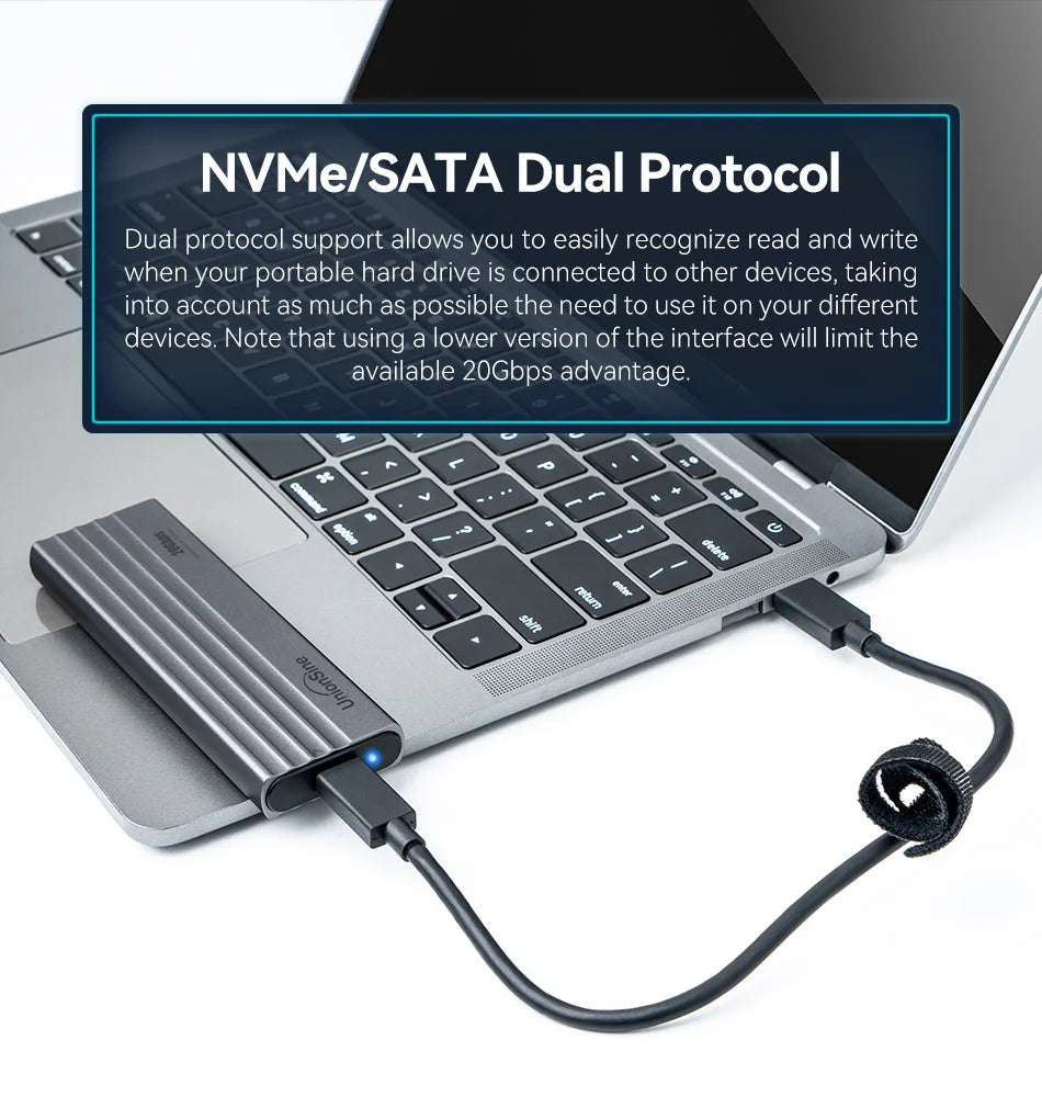UnionSine 20Gbps M.2 PCIe SSD Case – Dual Protocol M.2 to USB Type-C 3.1 Adapter for NVMe, NGFF, and SATA SSD