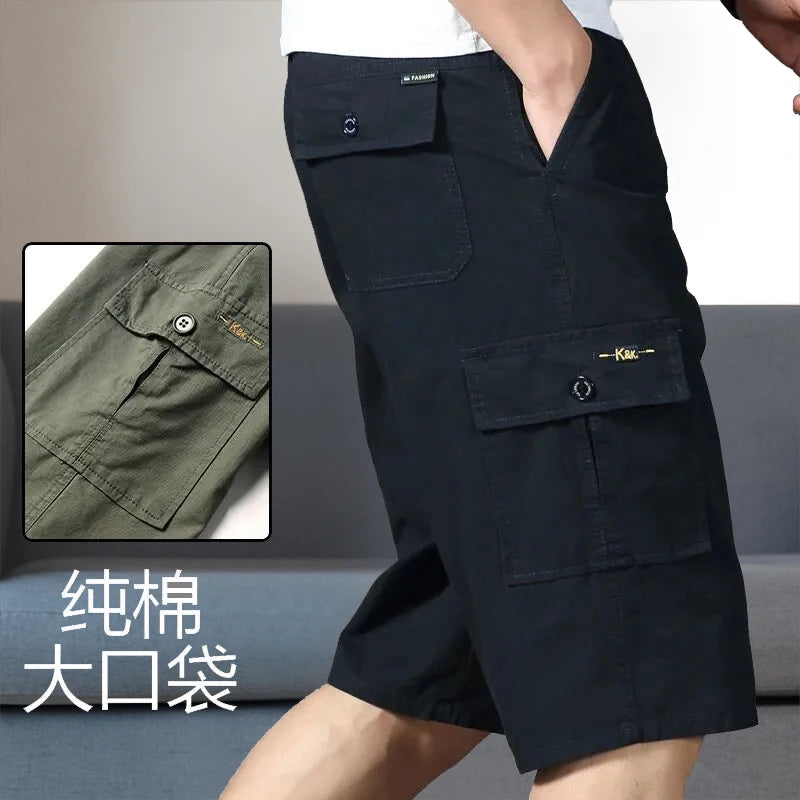 Men's Cargo Knee Shorts - Cotton Summer Climbing Jogger Pants with Zipper Pockets & Elastic Waist