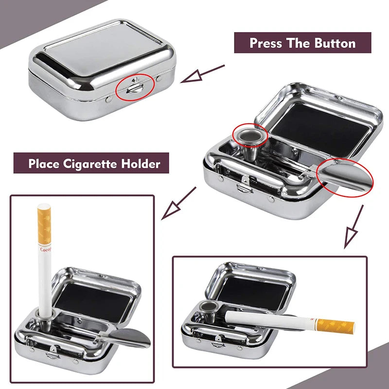 Mini Portable Metal Cigarette Ashtray with Lockable Lid - Fashion Desktop Ash Case - Pocket Ashtray Gift for Men