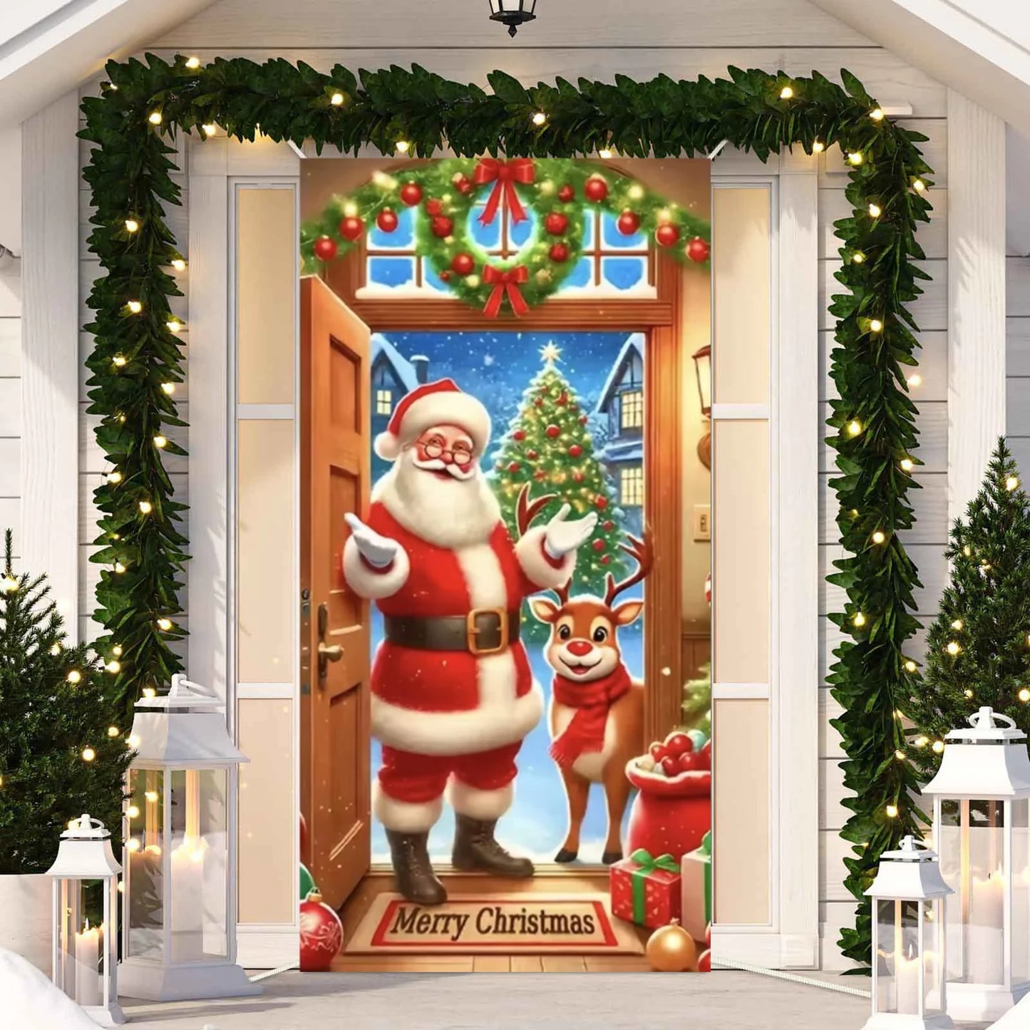 Cute Animals Christmas & New Year Door Cover – Dog, Cat, Snowman, Gingerbread Man Holiday Outdoor Winter Decoration Gift