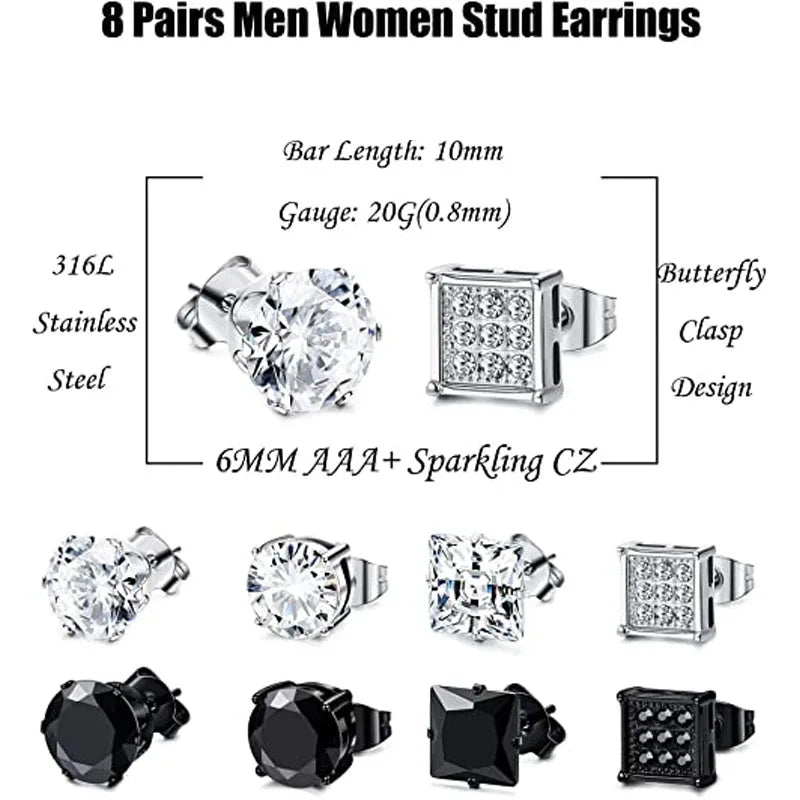 Unisex Stainless Steel Cubic Zirconia Stud Earrings Set (1–8 Pairs) – 6mm Minimalist Ear Piercing Jewelry for Men & Women