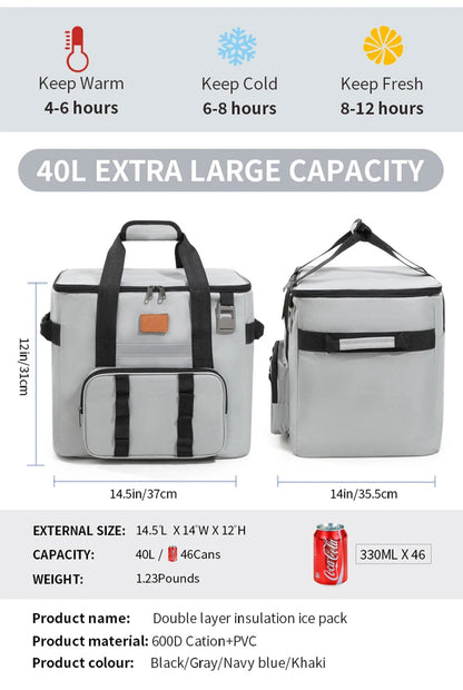 40L Thermal Food Carrier Bag – Large Insulated Cooler Tote with Zipper, Portable Leakproof Picnic Bag for Camping and Beach