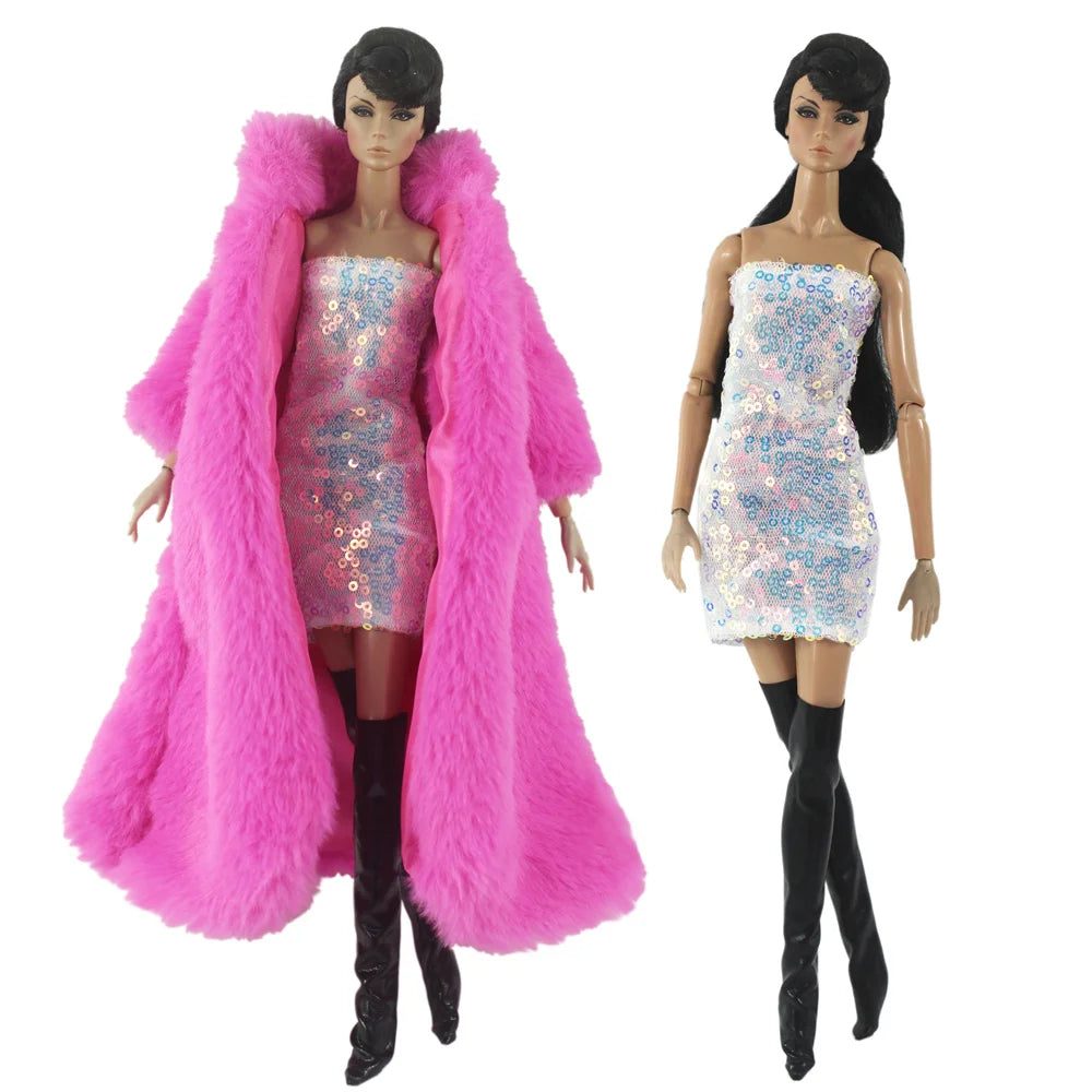 1:6 Scale Doll Clothes – Fur Coat Dress Outfit for 11.5" (30cm) Dolls, Multiple Styles, Gift for Girls