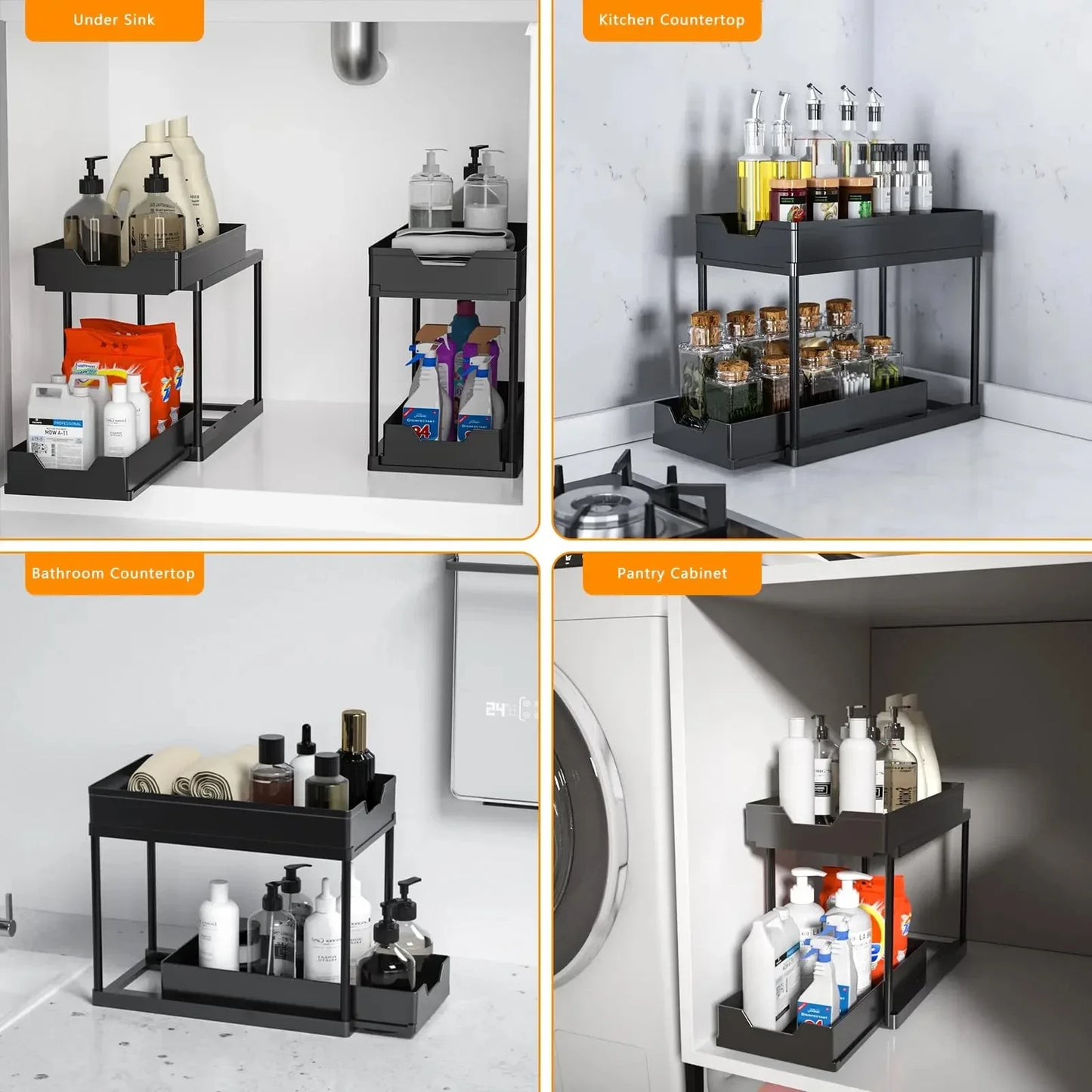 2-Tier Under Sink Sliding Cabinet Organizer — Basket Storage Rack with Hooks for Bathroom & Kitchen