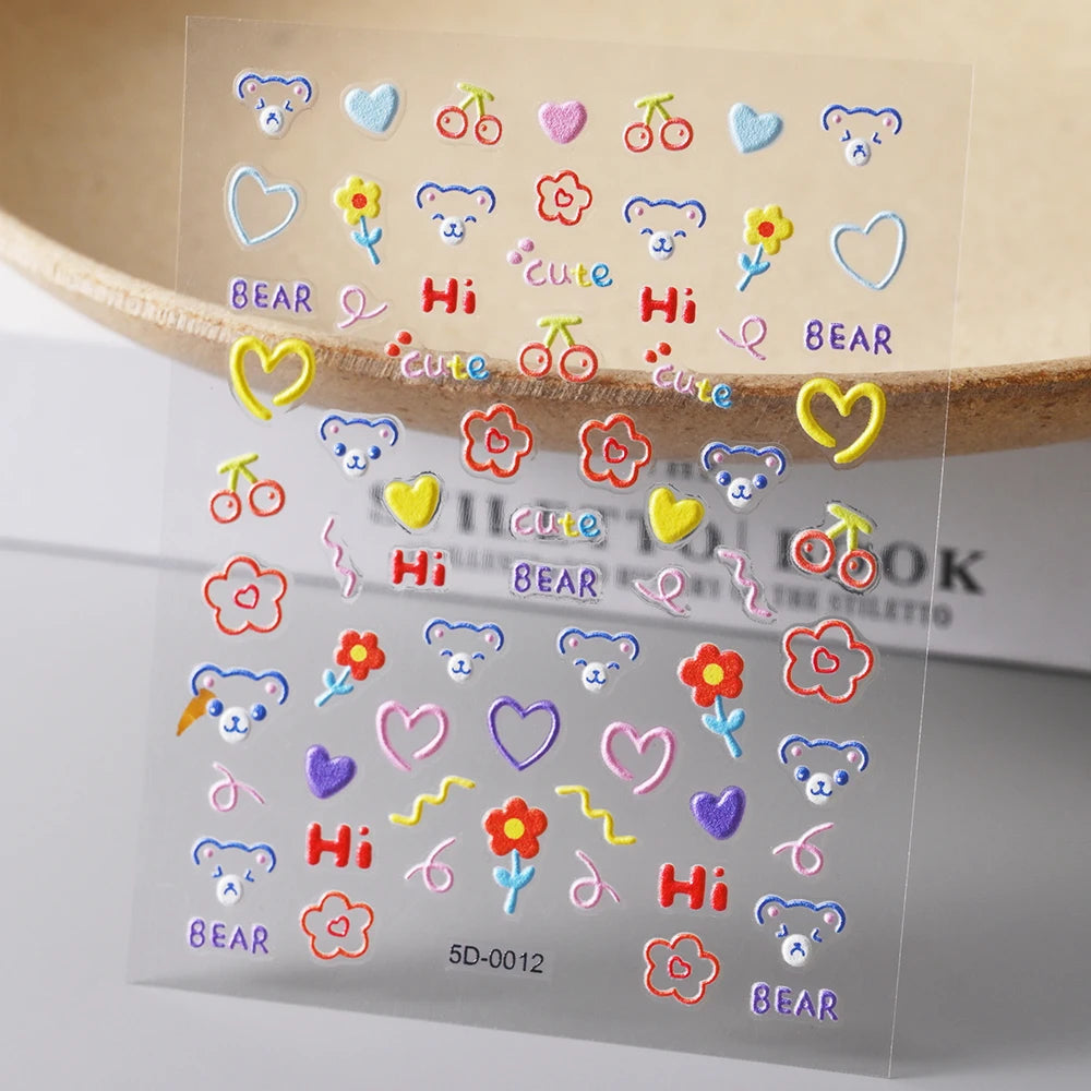 5D Macaron Nail Stickers - Embossed Flower, Fruit, Bear & Rabbit Charms for Summer DIY Manicure Decoration
