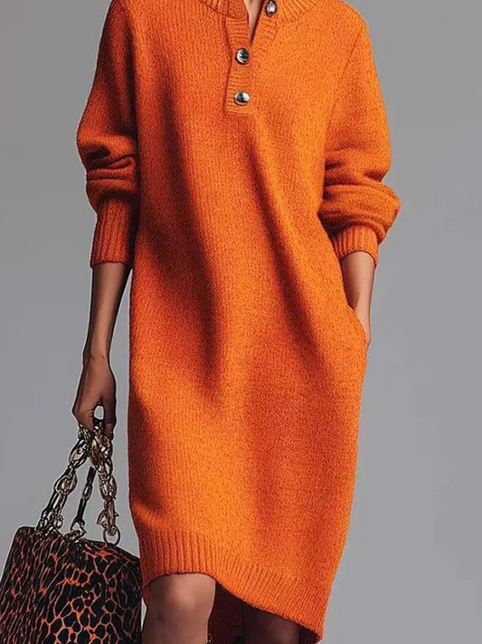 Elegant Ribbed Knit Midi Dress – Lapel Collar Button Front Long Sleeve Fall Winter Sweater Dress