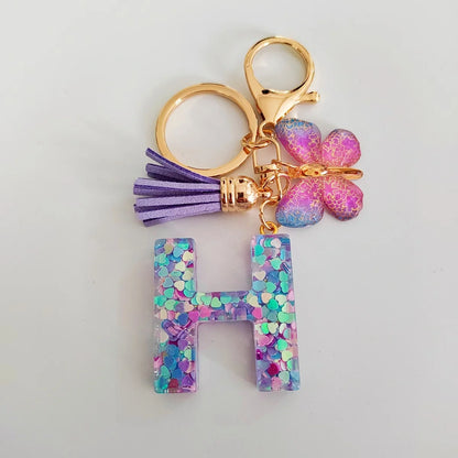 Butterfly Fringe Initial Keychain - Sequin A-Z Letter Bag Charm for Women, Students & Gifts