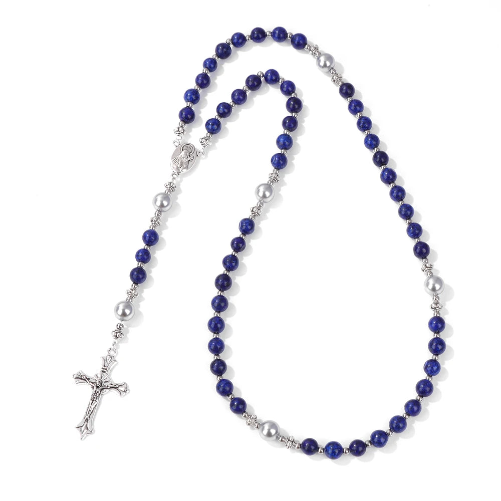 6mm Tiger Eye Rosary Beads Necklace – Catholic Jesus & Virgin Mary Pendant Long Knotted Chain Religious Jewelry for Men & Women