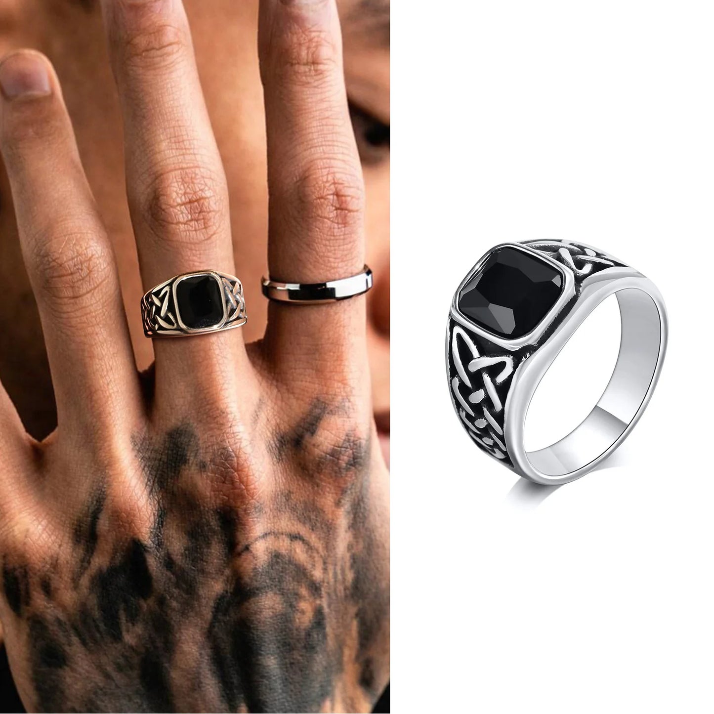 Punk Vintage Ethnic Rings for Men – Retro Viking Knot Rune, Black Geometric Square Stone Signet Jewelry
