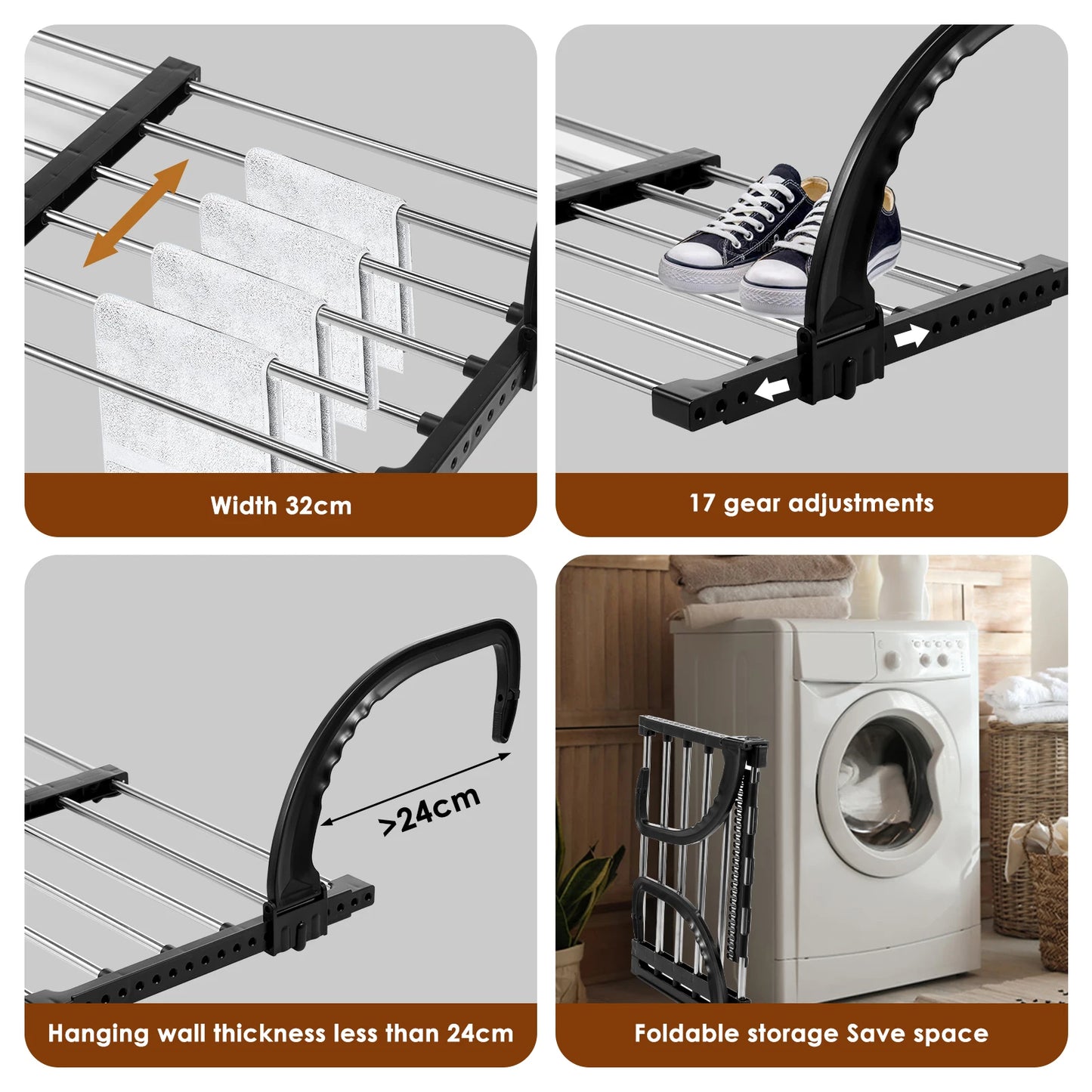 Foldable Radiator Drying Rack - Extendable Stainless Steel Clothes Hanger 42-72cm for Shoes, Towels & Balcony Drying