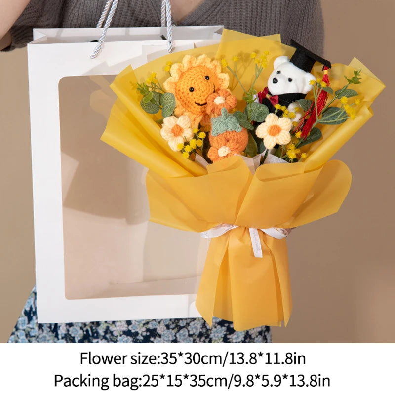 DIY Simulated Flower Bouquet – Crochet Sunflower Finished Product, Graduation, Doctoral, Valentine’s Day & Birthday Gift with Bear