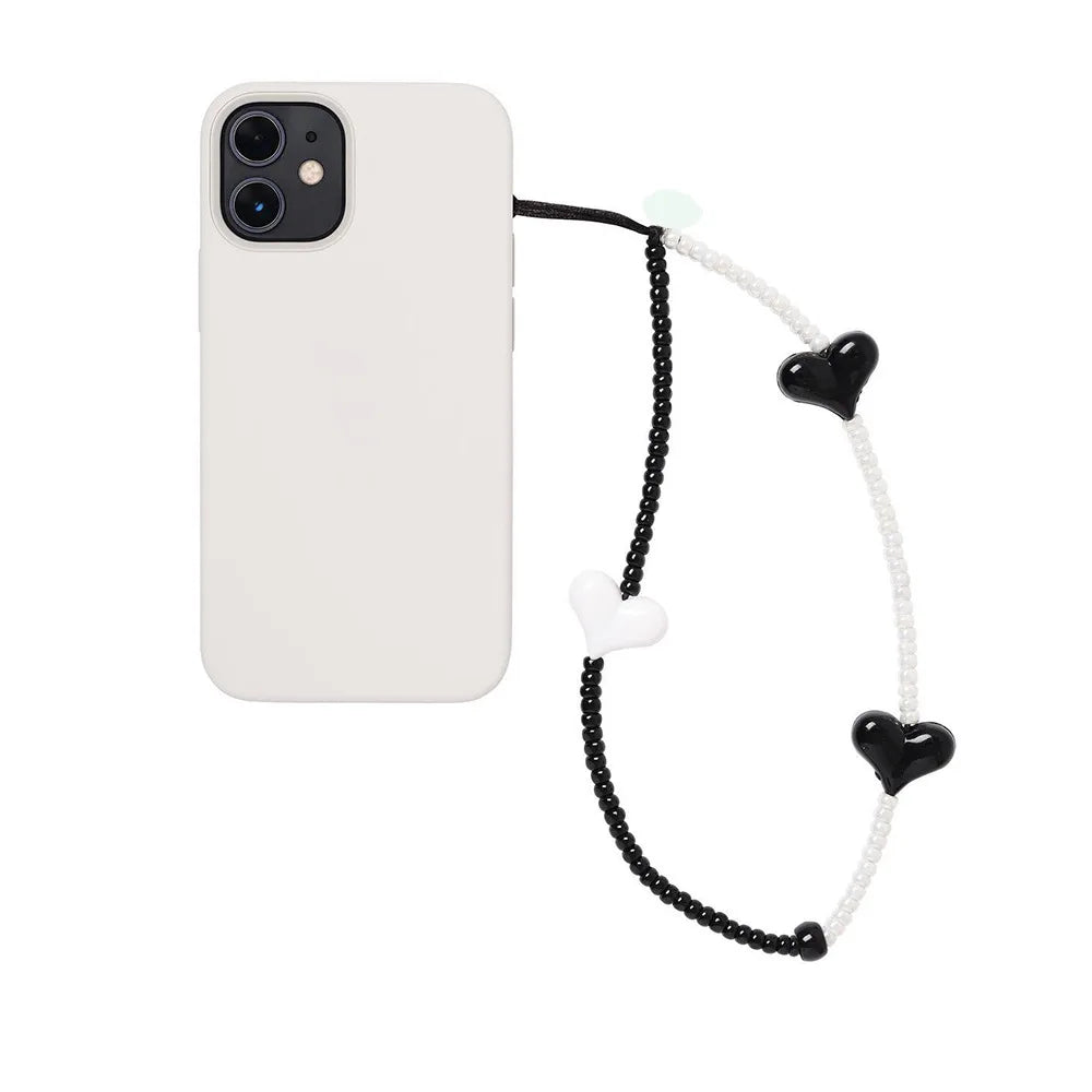 KPOP Black Matte Bead Phone Charm with Pink Heart – Style Phone Strap Lanyard Jewelry Accessory