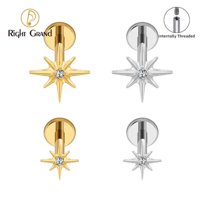 Right Grand ASTM F136 Titanium CZ North Star 16G Flat Back Earring – Tiny Starburst Helix, Cartilage & Earlobe Stud Piercing Jewelry