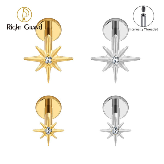 Right Grand ASTM F136 Titanium CZ North Star 16G Flat Back Earring – Tiny Starburst Helix, Cartilage & Earlobe Stud Piercing Jewelry
