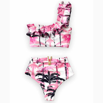 Sporlike V-Neck Ruffled Bikini Set – High Waist Sexy Printed Two-Piece Swimsuit for Women 2025