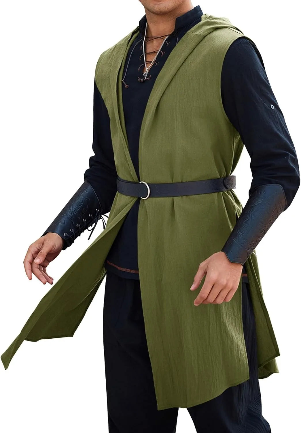 Runcati Men’s Renaissance Costume – Hooded Medieval Knight Surcoat Sleeveless Tunic Tabard for Halloween & Viking Dress-Up