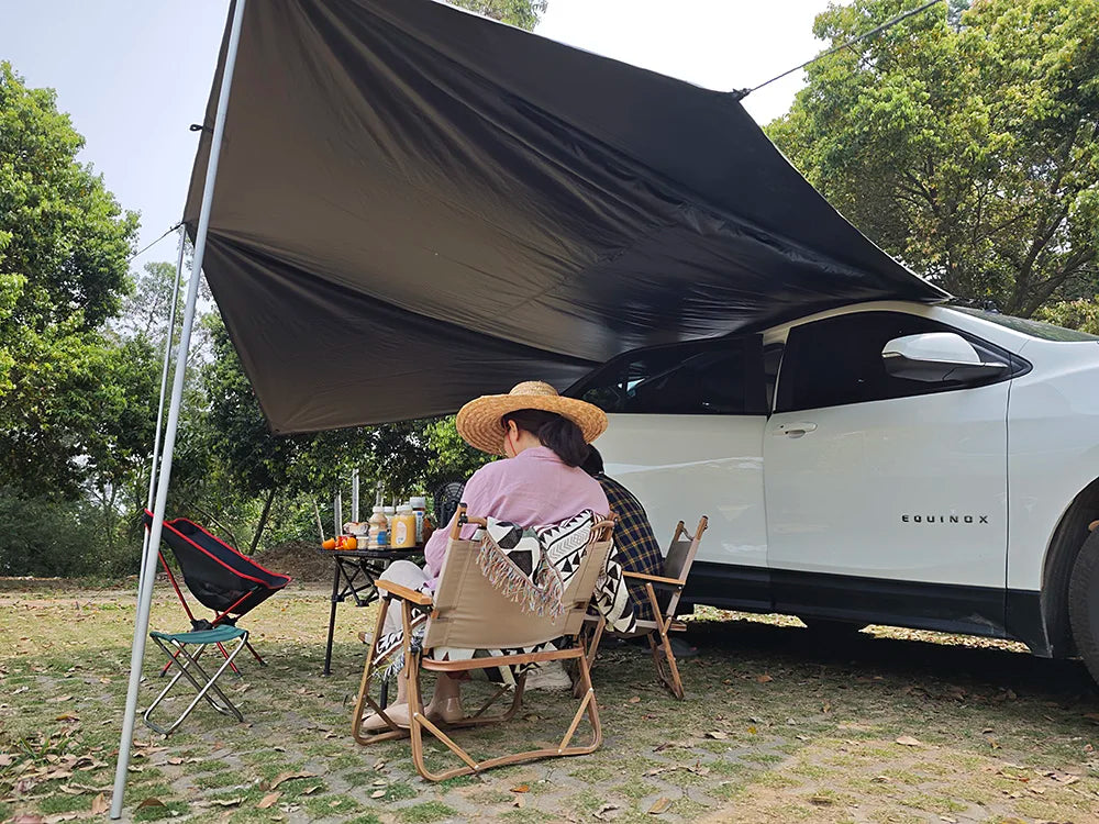 Manta Ray Car Side Awning – Black Coating Waterproof Tarp with Suction Cup Anchor for SUV Camping & Shade