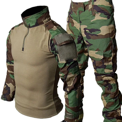 Men’s RU Camo Tactical Outfit Set - 2-Piece Breathable Long Sleeve Shirt and Multi-Pocket Cargo Pants for Outdoor Training and Combat Wear