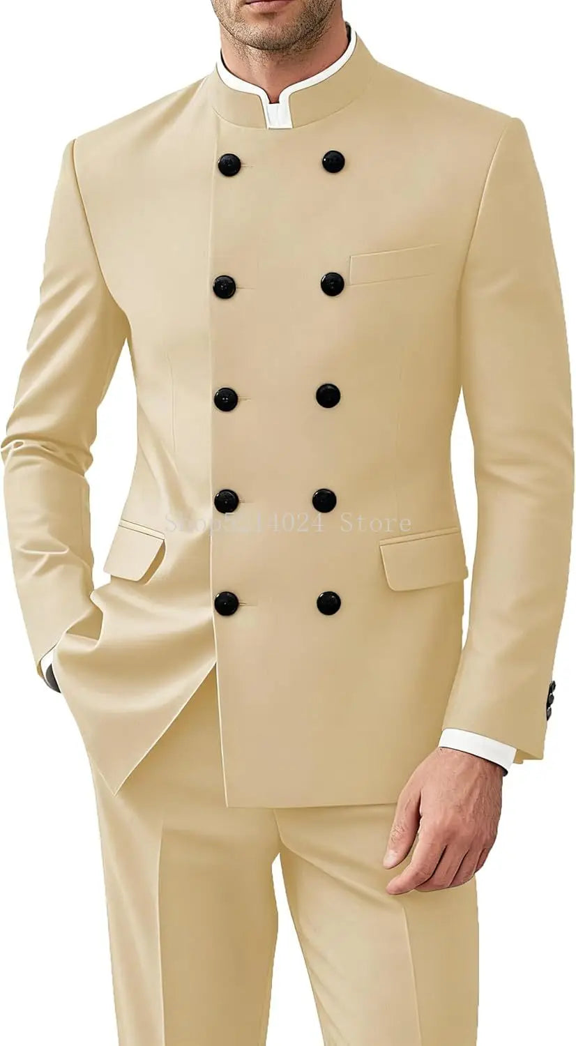 Men’s 2-Piece Suit Set - Gold Button Jacket & Pants Formal Wedding Style Outfit