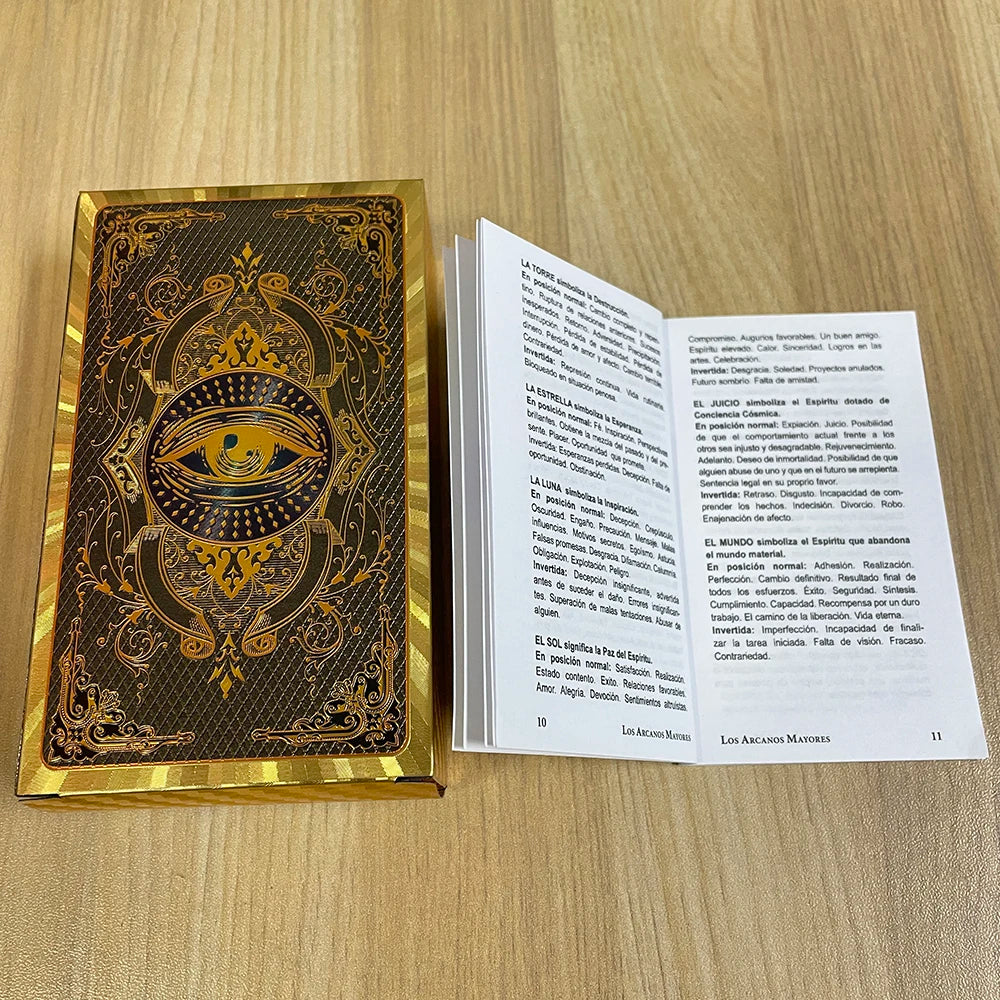 Spanish & English Golden Foil Tarot Deck – 12x7cm Prophecy Cards for Beginners with 2-Language Guidebook