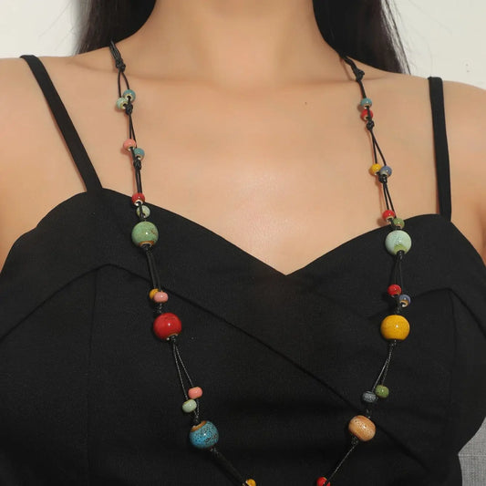 Women’s Beaded Ceramic Necklace - Exaggerated Long Statement Jewelry Chain for Fashion Style