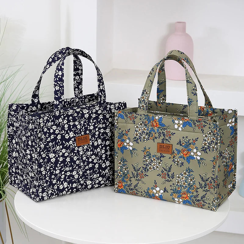 New Nylon Printing Handbag – Thickened Large Capacity Work and Portable Zipper Lunch Box Storage Bento Bag