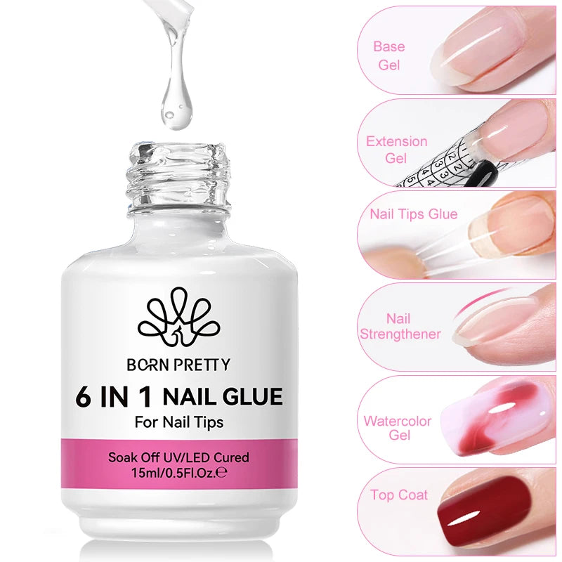 BORN PRETTY 6-in-1 Nail Glue Gel - 15ML Soak-Off Base & Top Coat for Acrylic Extensions