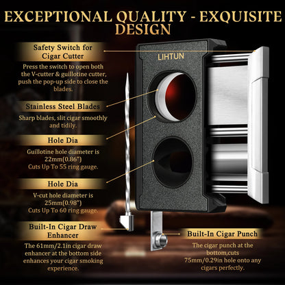 4-in-1 Cigar Cutter Guillotine – Straight Cut, V Cutter, Punch & Draw Enhancer, Stainless Steel Cigar Clippers