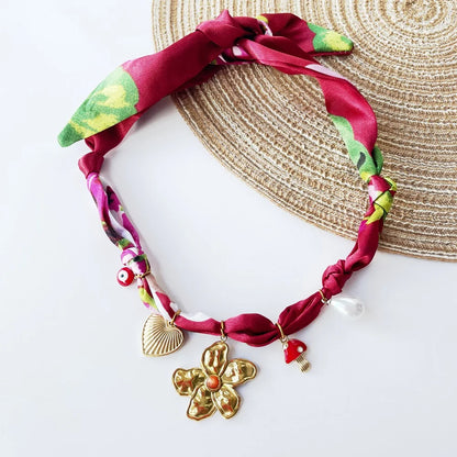 Bohemian Fabric Scarf Necklace - Sea Life, Heart & Floral Charm Pendant Vacation Jewelry Gift for Women