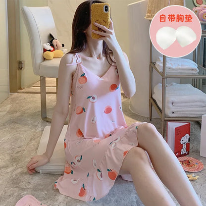 Women’s Cartoon Animal Pajama Set - Cute Loose Sling Nightgown with Bra Pad & Free Eye Mask for Sleepwear