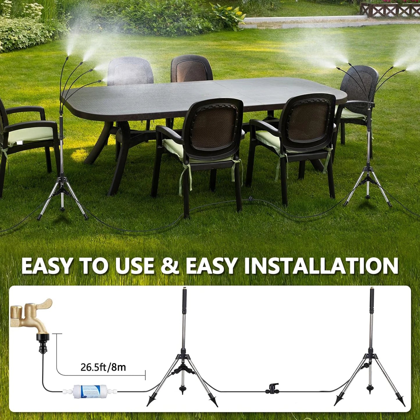 Outdoor Standing Misting System for Patio – Adjustable Height 3.2–4.1FT with Filter, 26.5FT Portable Water Mister Line for Cooling Garden & Yard