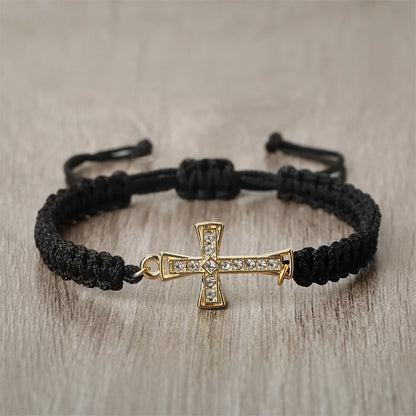 Crystal Cross Pendant Bracelet - Red & Black Braided Prayer Rope Jewelry Gift for Men & Women
