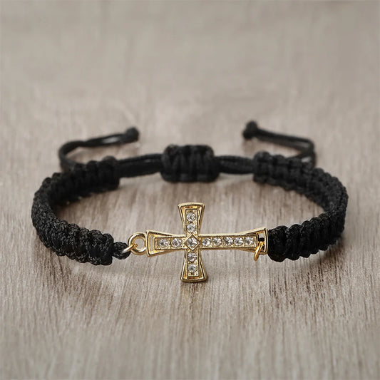 Crystal Cross Pendant Bracelet - Red & Black Braided Prayer Rope Jewelry Gift for Men & Women