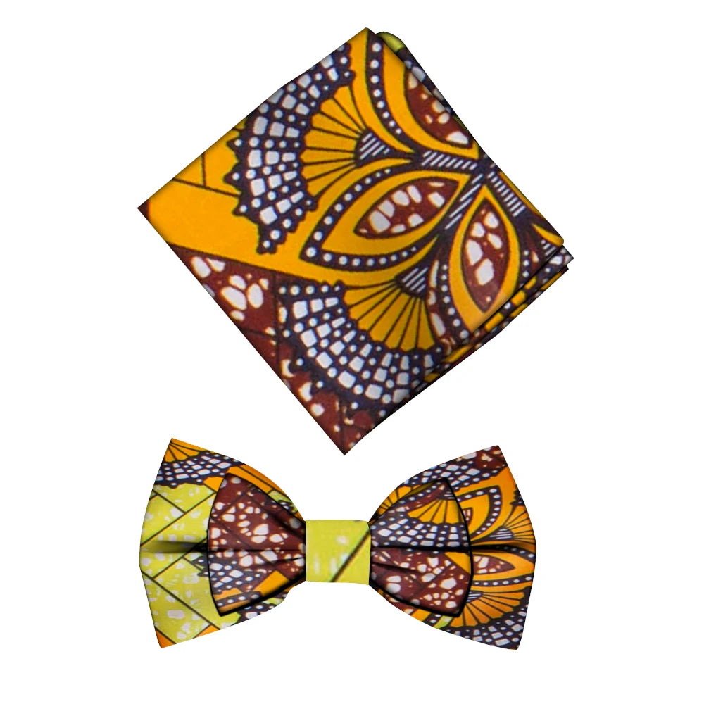 African Print Bow Tie & Kerchief Set - Bohemian Cotton Accessories for Men, Stylish Gift SP077