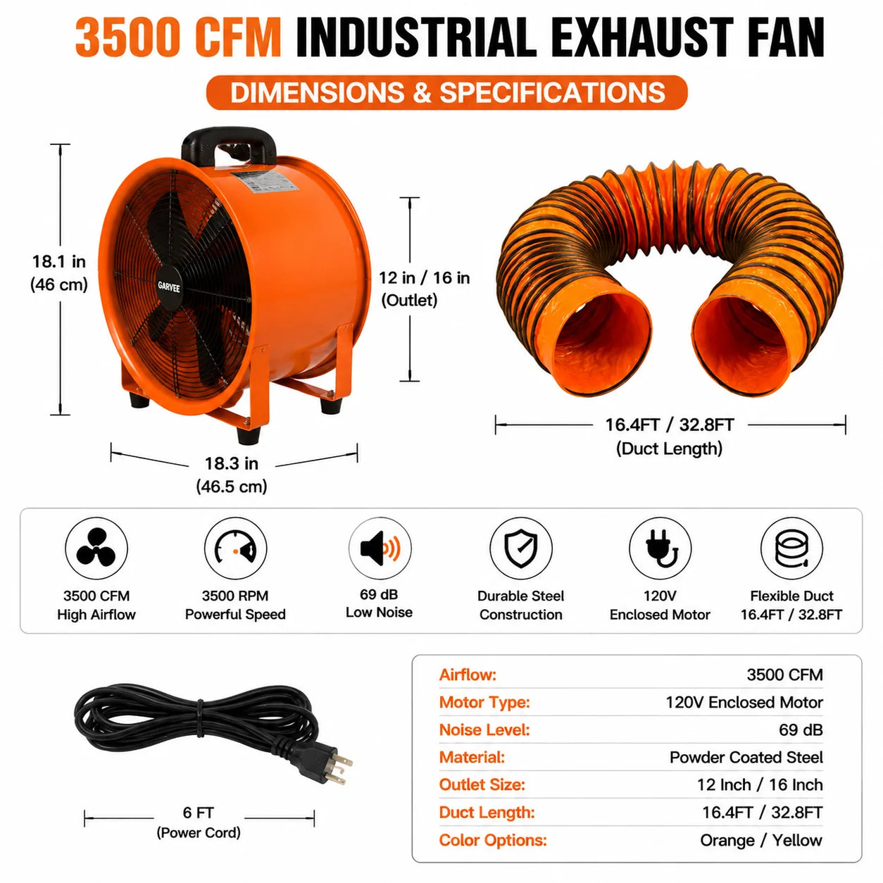 Portable Industrial Exhaust Fan - 3500 CFM Heavy-Duty Ventilation Blower with Flexible Duct for Workshop, Basement & Attic