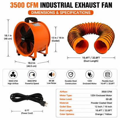 Portable Industrial Exhaust Fan - 3500 CFM Heavy-Duty Ventilation Blower with Flexible Duct for Workshop, Basement & Attic