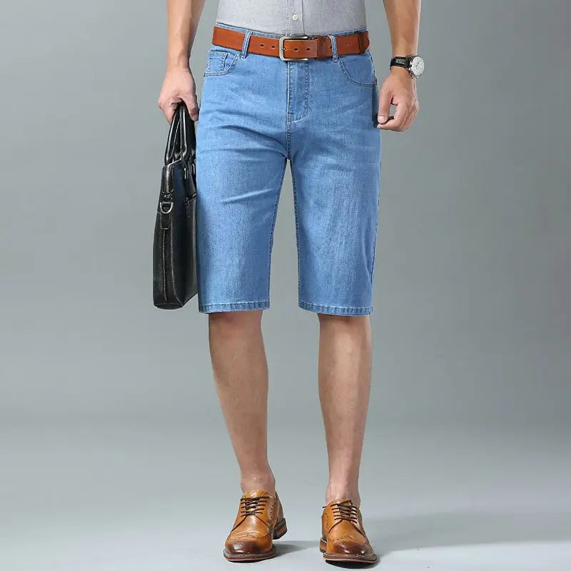 Men's Embroidered Denim Shorts - Summer Thin Straight Leg Casual Blue Jean Shorts