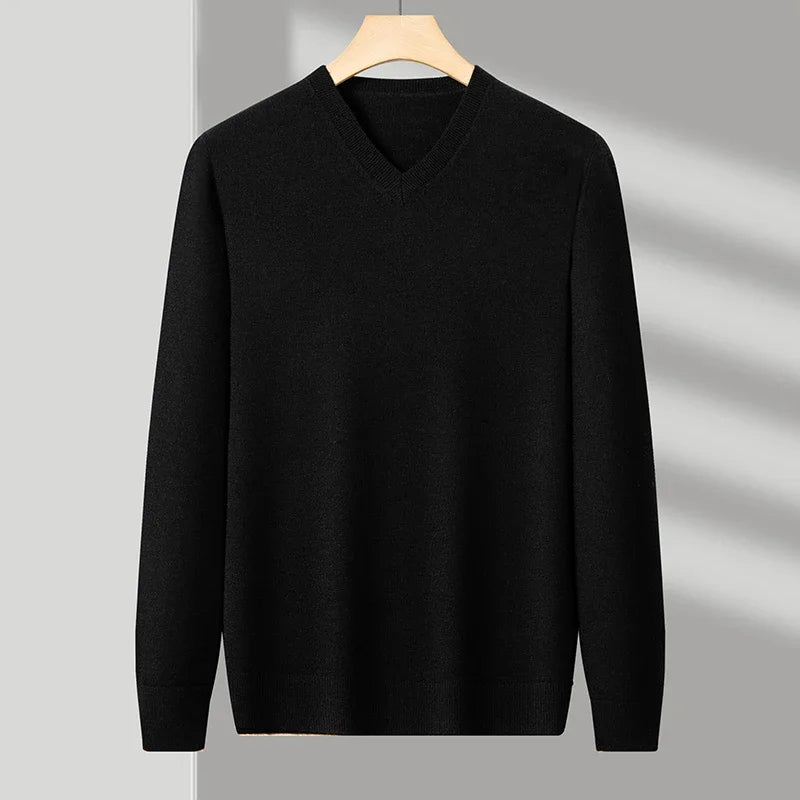 Men's V-Neck Knit Sweater - Solid Color Warm Elastic Oversized Autumn Pullover Casual Top