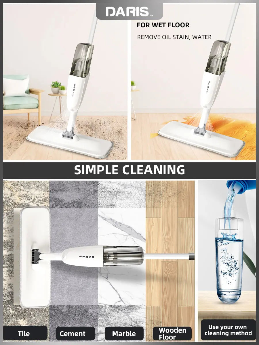 DARIS 360° Spray Flat Mop — Reusable Microfiber Pads with 500ML Large Capacity Square Triangle Bottle