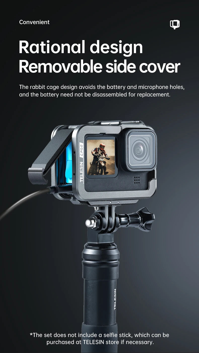 TELESIN Aluminum Alloy Cage for GoPro Hero 12/11/10/9 – Vlog Frame Case with Cold Shoe Mount & Protective Housing