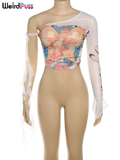Weird Puss One-Shoulder Crop Top for Women – See-Through Bandage Graphic T-Shirt, Sexy Summer Clubwear 2024