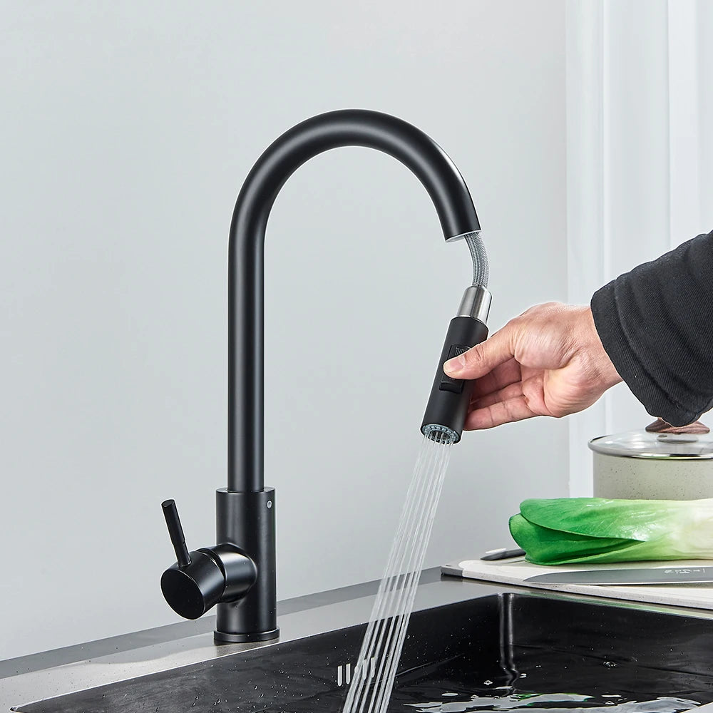 Black Kitchen Faucet - Two-Function Single Handle Pull-Out Mixer Tap with Hot & Cold Water, Deck Mounted