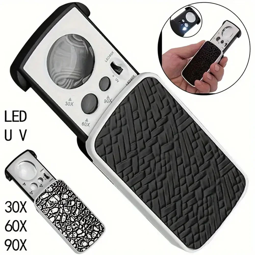 30X-90X LED UV Jewelry Loupe - Portable Triplex Magnifier for Gemology Micro Engraving and Precision Inspection